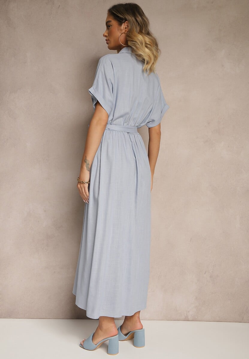Niebieska Sukienka Koszulowa z Wiskozą i Lnem Ozdobiona Paskiem Lunie