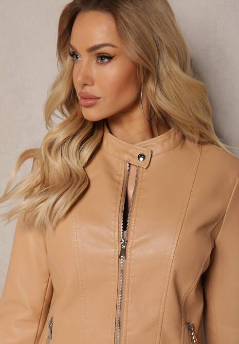 Beżowa Kurtka Ramoneska z Ekoskóry Klaia