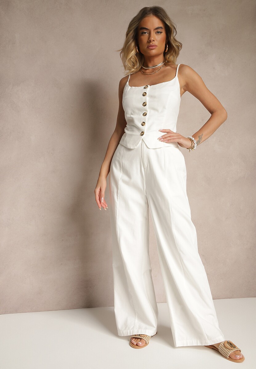 Białe Spodnie z Bawełną i Wiskozą o Szerokim Kroju z Imitacją Kieszeni Divlene