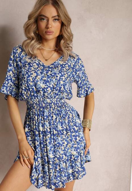 Niebieska Rozkloszowana Sukienka Mini z Wiskozy Ozdobiona Falbanką z Gumką w Talii Etase