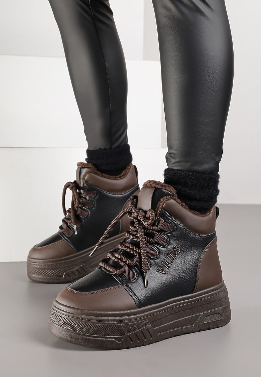 Czarno-Brązowe Sneakersy Śniegowce Vices na Tłoczonej Platformie z Napisem Olinnea