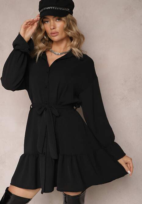 Czarna Koszulowa Sukienka Mini z Falbanką i Wiązanym Paskiem Blisotta