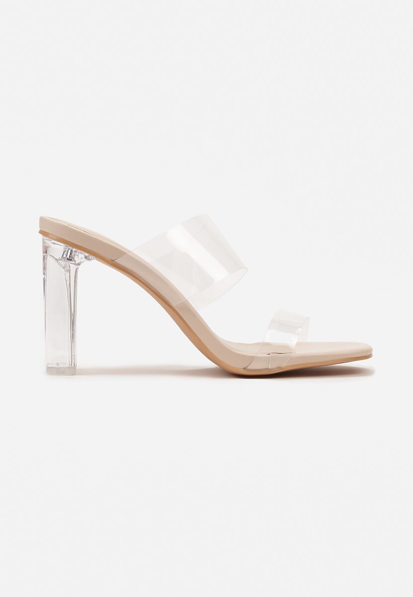 Beżowe Klapki na Transparentnym Obcasie z Silikonowym Paskiem Aserena