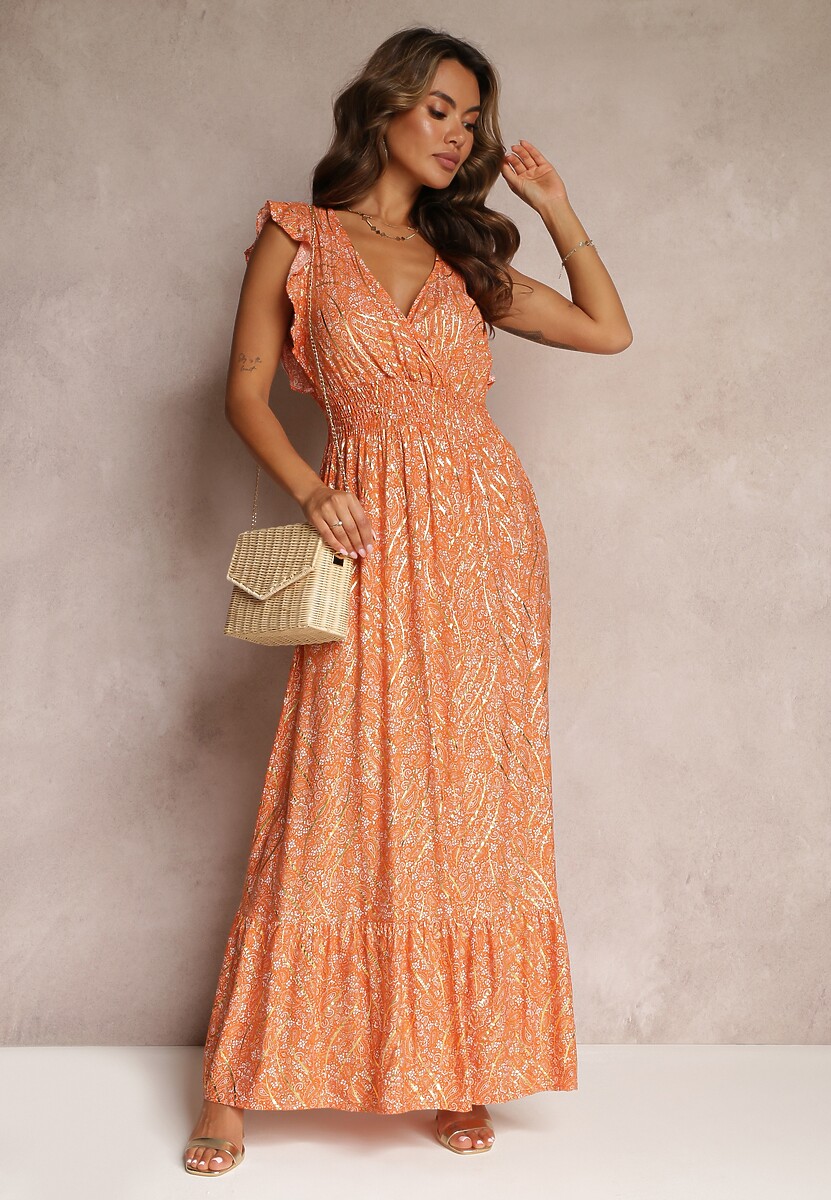 Pomarańczowa Sukienka Maxi z Metaliczną Aplikacją Wykonana z Wiskozy Akella