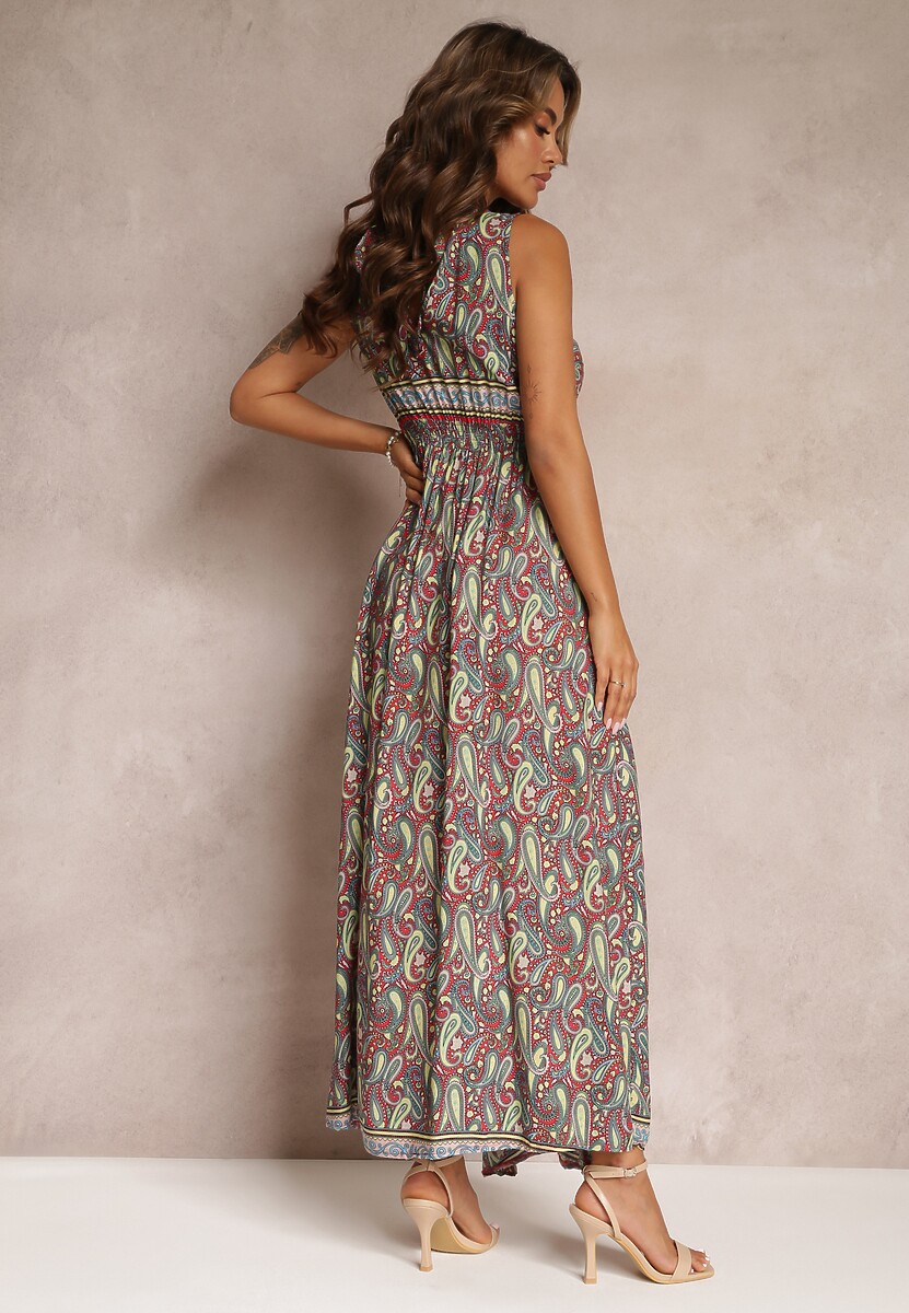 Czerwona Wiskozowa Sukienka Paisley Maxi z Głębokim Dekoltem Shinne