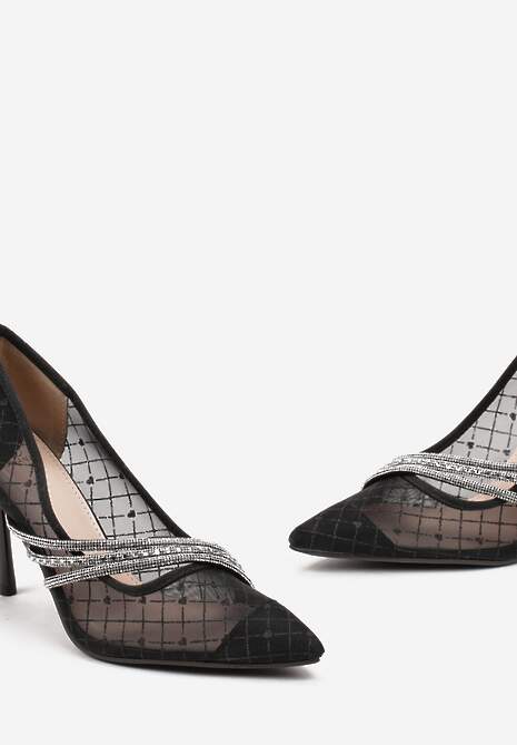 Czarne Siateczkowe Szpilki Ozdobione Brokatem i Cyrkoniami Stardis