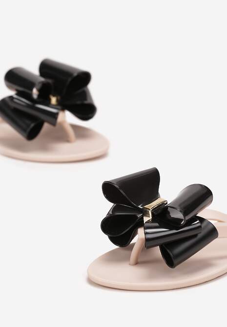 Beżowo-Czarne Płaskie Japonki z Kokardą i Okrągłym Noskiem Nelemene