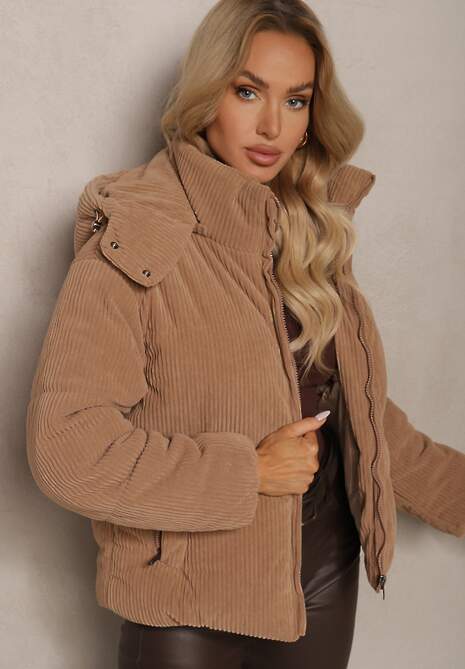 Brązowa Puchowa Kurtka Sztruksowa z Kapturem z Możliwością Odpięcia Sinrielle