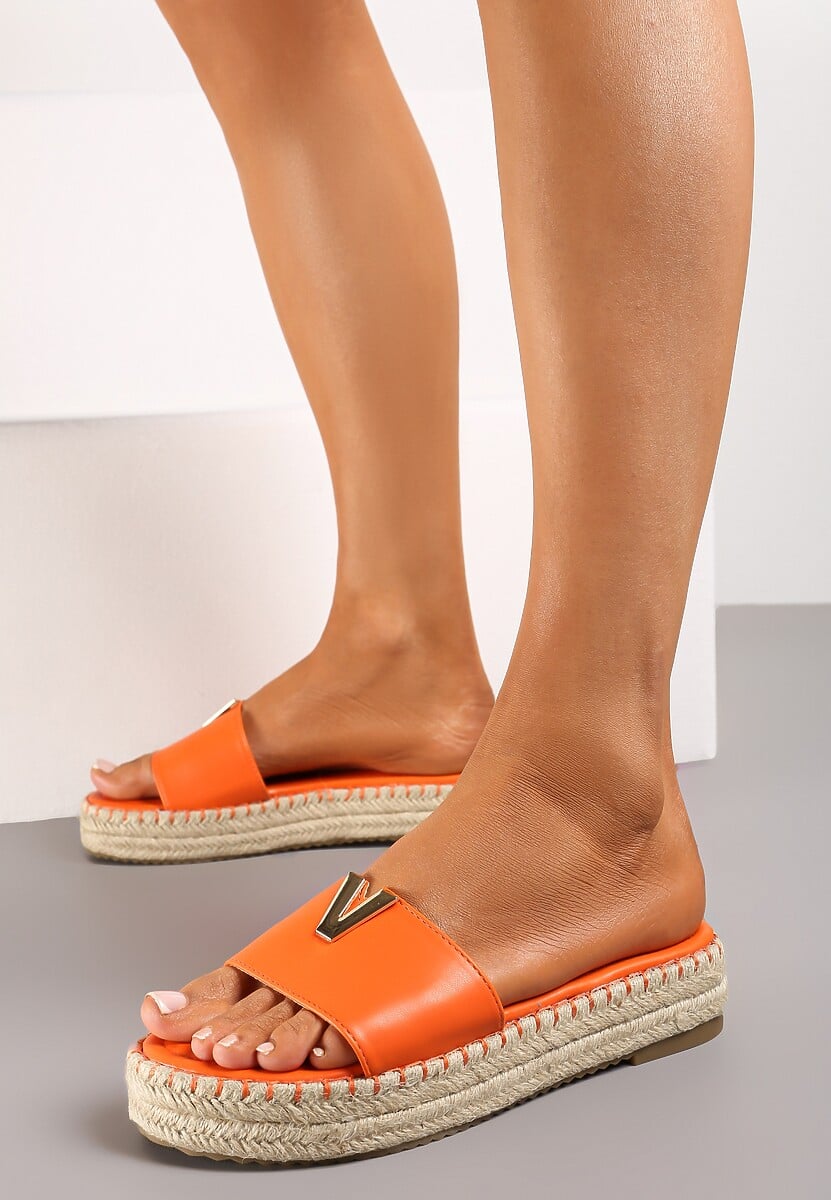 Pomarańczowe Klapki na Pasku Metalowa Ozdoba Podeszwa z Ozdobnie Plecionej Juty Raskia