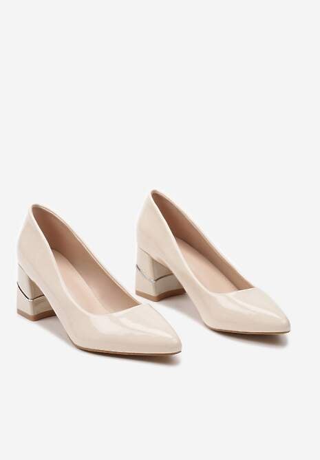 Beżowe Wsuwane Czółenka z Lakierowanej Ekoskóry na Słupku z Aplikacją Aalavira