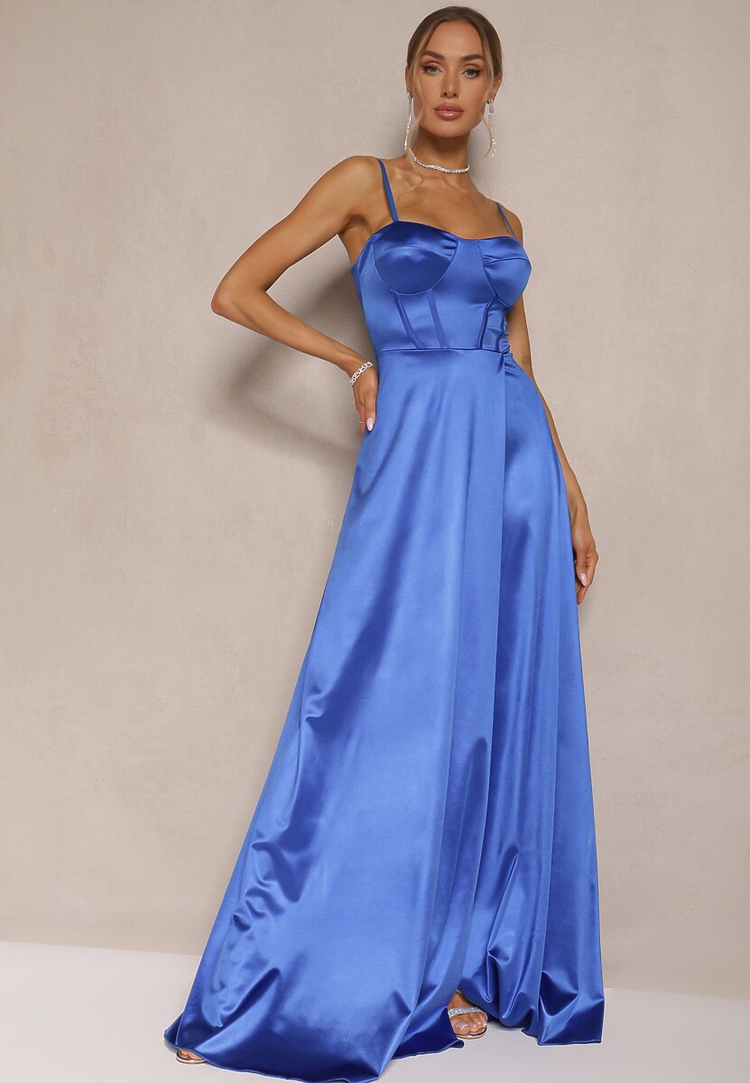 Niebieska Sukienka na Ramiączkach o Rozkloszowanym Kroju z Wiązaniem na Plecach Katirione