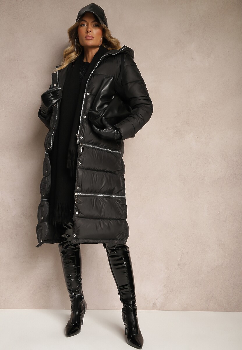 Czarna Pikowana Kurtka Płaszcz z Kapturem i Regulowaną Długością Tirilele
