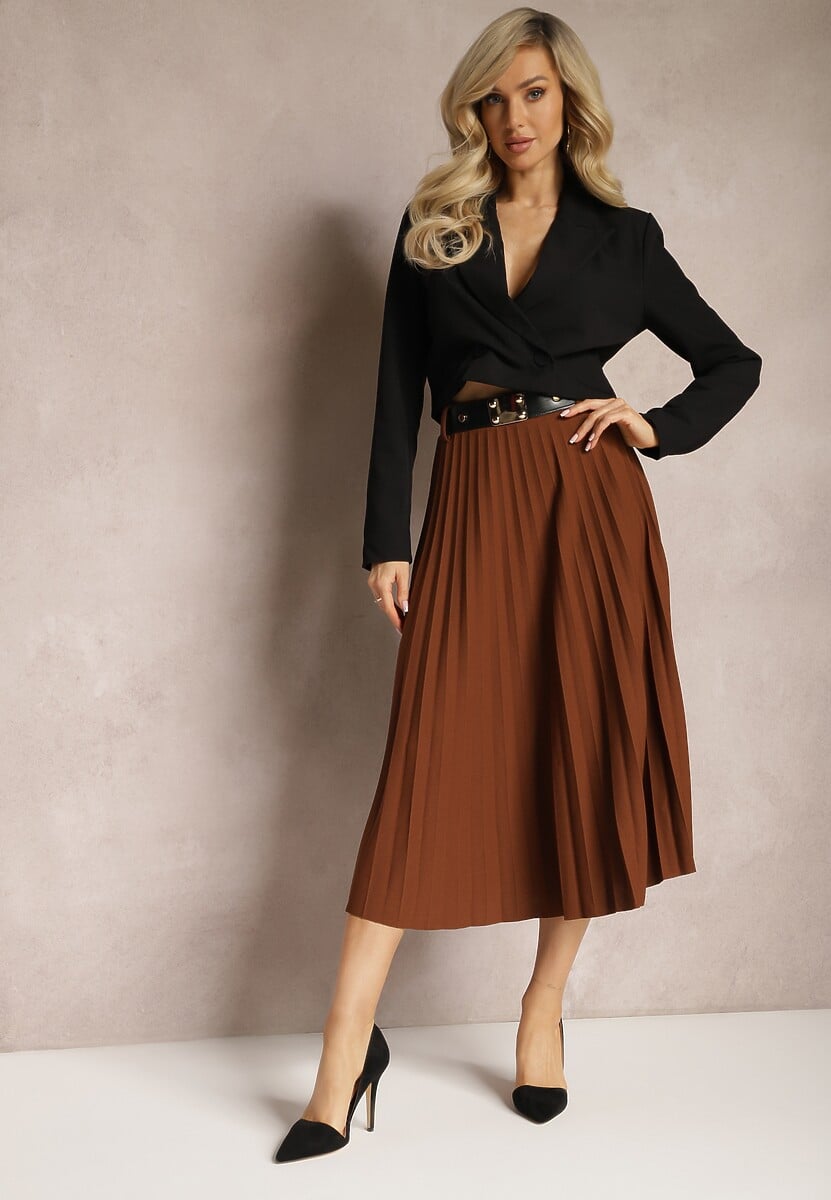 Brązowa Spódnica Plisowana z Paskiem Nanie