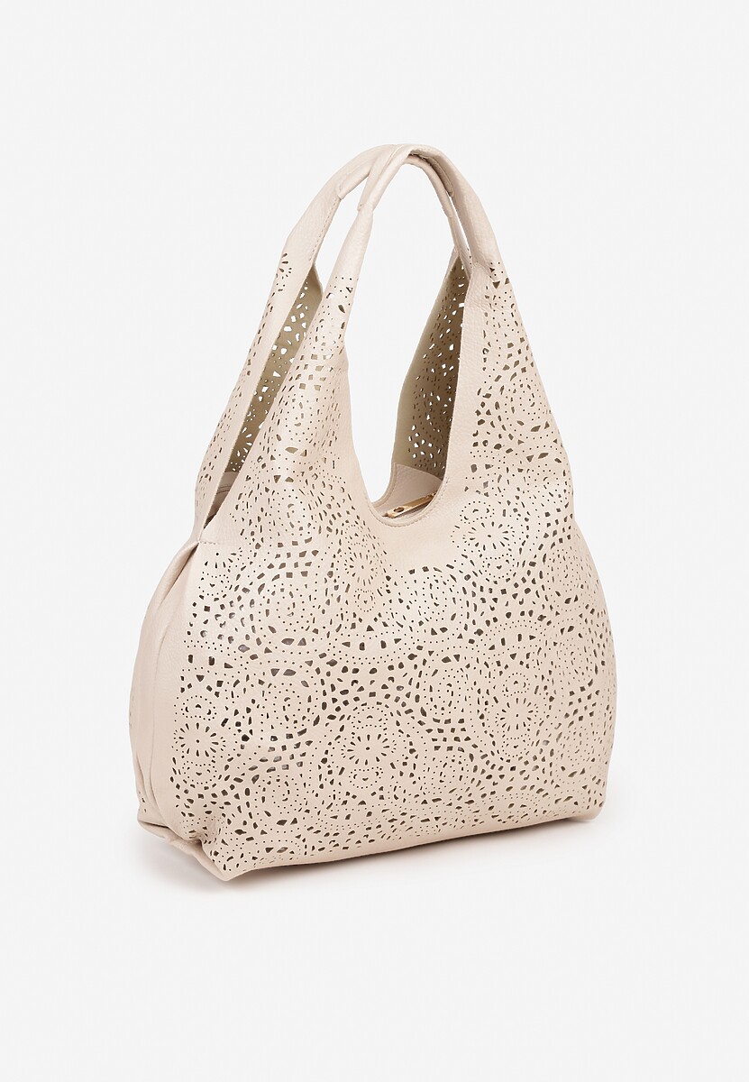 Beżowa Torebka Hobo Zdobiona Ażurową Perforacją z Dodatkową Saszetką Frolana