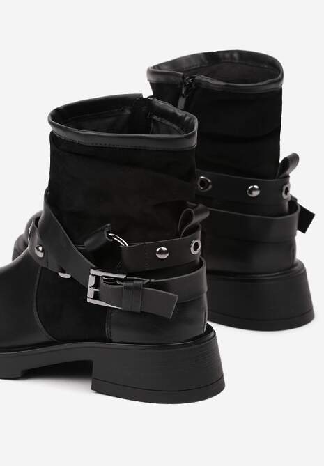 Czarne Marszczone Botki z Ozdobnymi Paskami z Klamrami Cyredi