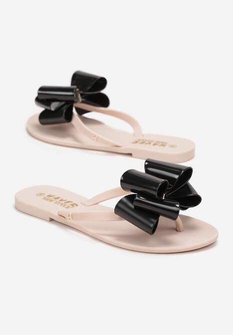 Beżowo-Czarne Płaskie Japonki z Kokardą i Okrągłym Noskiem Nelemene