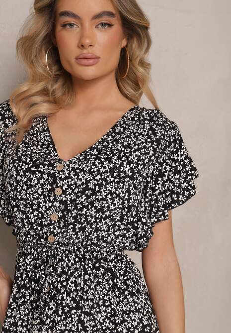 Czarna Rozkloszowana Sukienka z Bawełny z Gumką w Pasie w Drobne Kwiaty Pulinea
