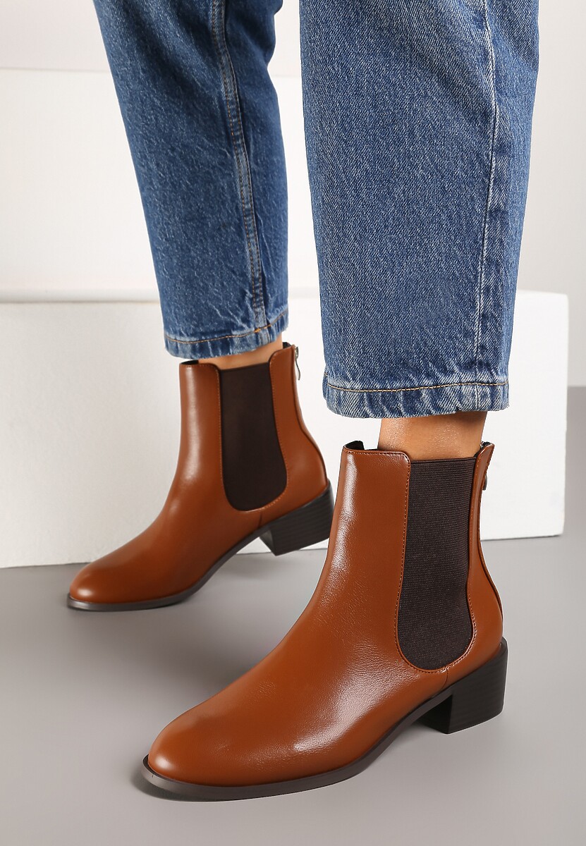 Brązowe Botki Sztyblety na Słupku z Gumką z Boku Etalira