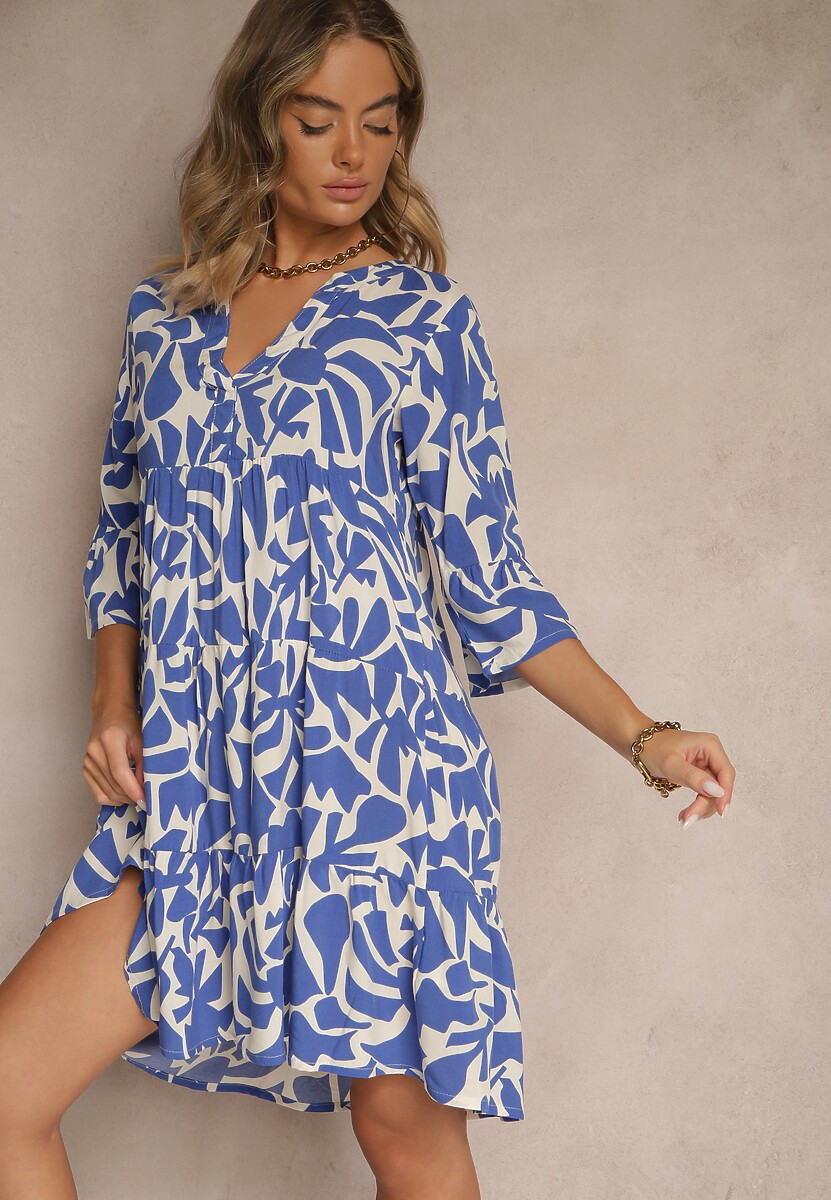 Czarno-Beżowa Sukienka z Wiskozy o Rozkloszowanym Kroju w Abstrakcyjny Wzór Lirese