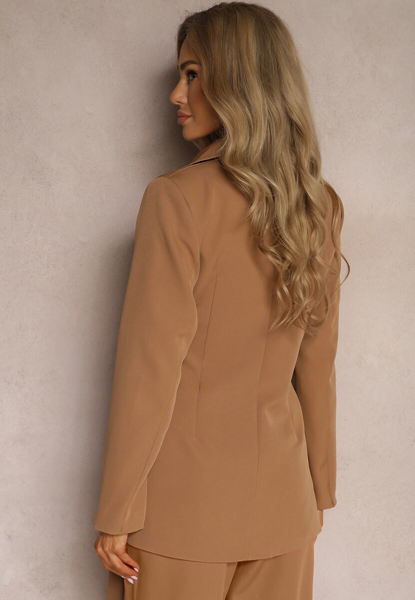 Brązowa Marynarka z Trójkątnym Dekoltem z Paskiem w Talii Thuva
