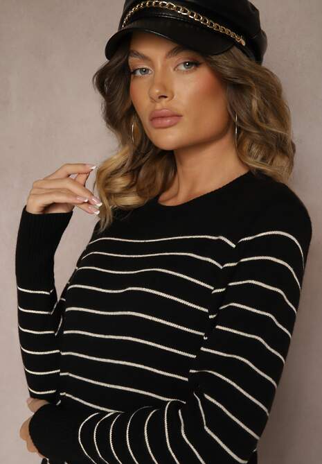 Czarna Dzianinowa Sukienka z Wiskozą Zdobiona Wzorem w Paski i Ściągaczami Delwenna