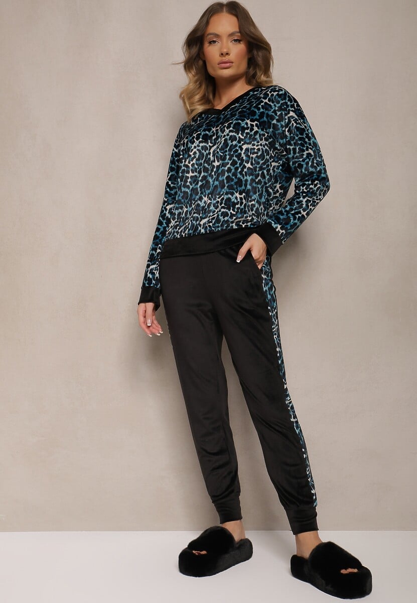 Niebiesko-Czarny Komplet Dresowy Welurowy Bluza i Joggery w Panterkę Froliti