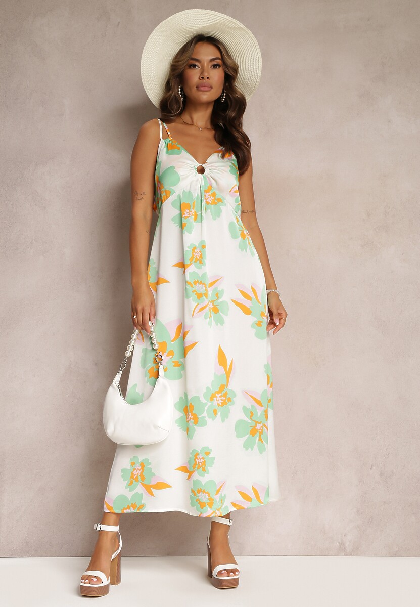 Biało-Zielona Satynowa Sukienka Maxi w Kwiaty ze Zdobieniem przy Dekolcie Benna