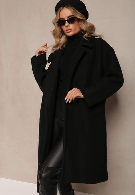 Czarny Dwurzędowy Płaszcz Oversize z Wełną Spolete