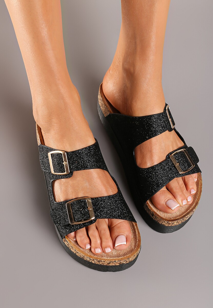 Czarne Klapki na Platformie z Korkową Wstawką i Klamrami Ozdobione Brokatem Sumeria