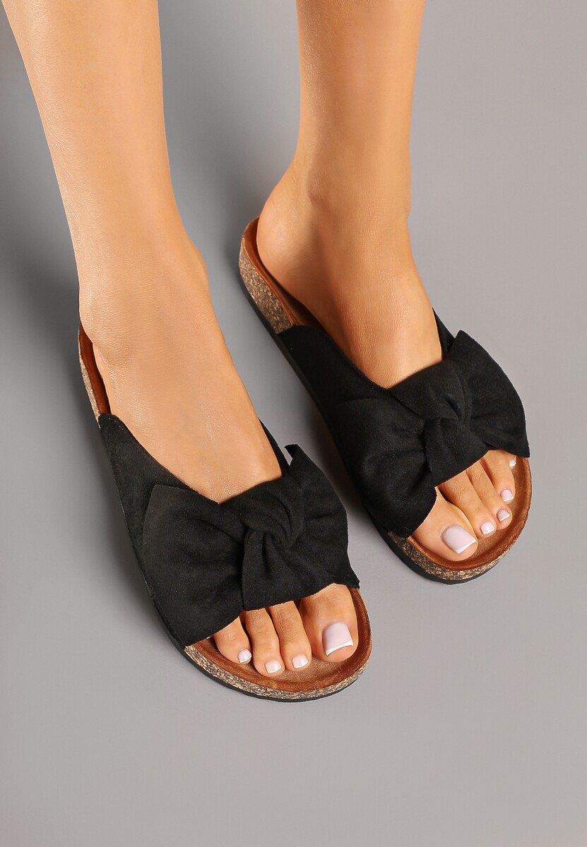 Czarne Klapki na Podeszwie z Imitacji Korka Zdobione Kokardą Zenella