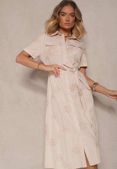 Beżowa Wiskozowa Sukienka Koszulowa Ozdobiona Paskiem i Haftem Divaloria