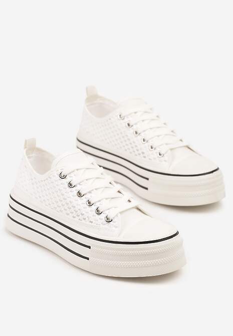 Białe Trampki na Platformie Ozdobione Koronką Emozi