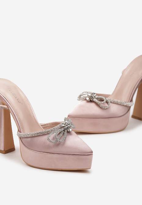 Szampańskie Sandały z Ozdobną Kokardą i Cyrkoniami na Platformie i Klepsydrowym Obcasie Wernia