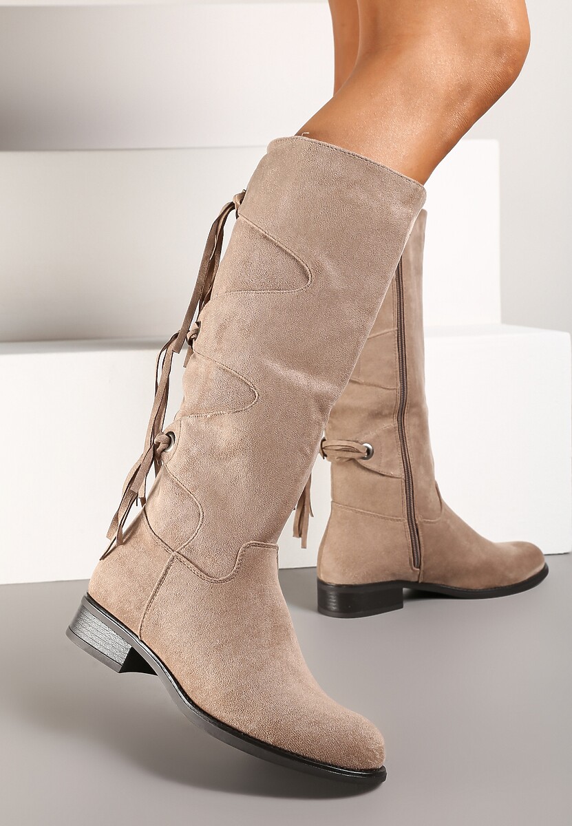 Ciemnobeżowe Ekozamszowe Kozaki z Cholewką Ozdobioną Frędzlami Realenna