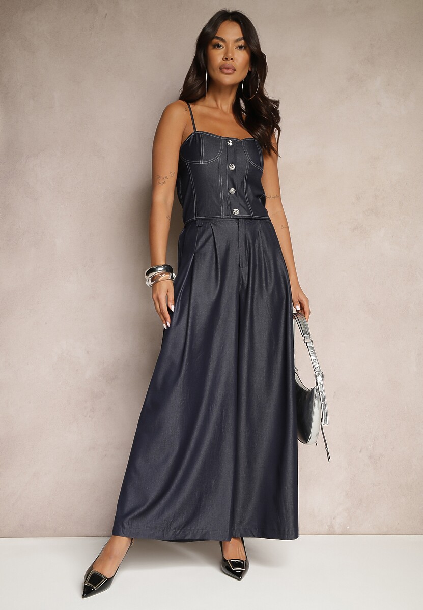 Granatowy Wiskozowy Komplet z Topem na Ramiączkach i Szerokimi Spodniami Danellin