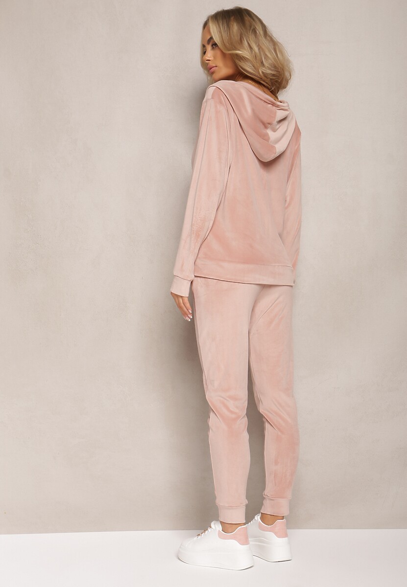 Jasnoróżowy Welurowy Komplet Dresowy Bluza z Kapturem i Proste Spodnie Arislo