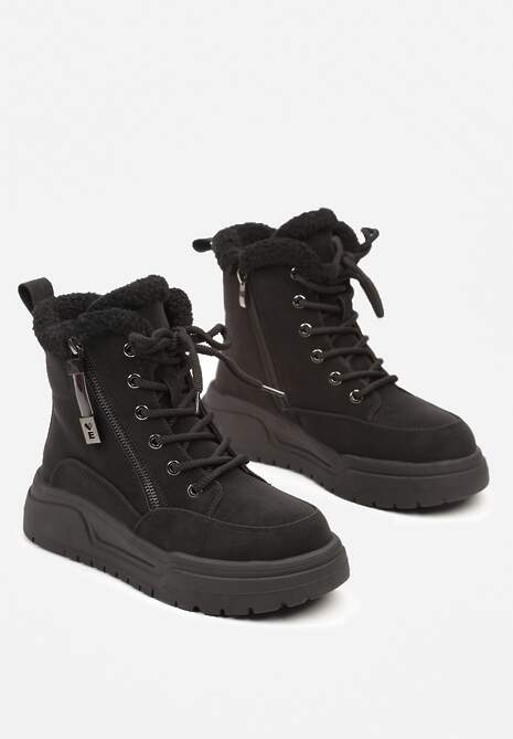 Czarne Sznurowane Trapery z Ekozamszu Ocieplane na Płaskiej Podeszwie Ozdobione Suwakiem Esaviren