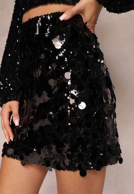 Czarna Mini Dopasowana Spódnica Ozdobiona Cekinami z Gumką w Pasie Trivesa