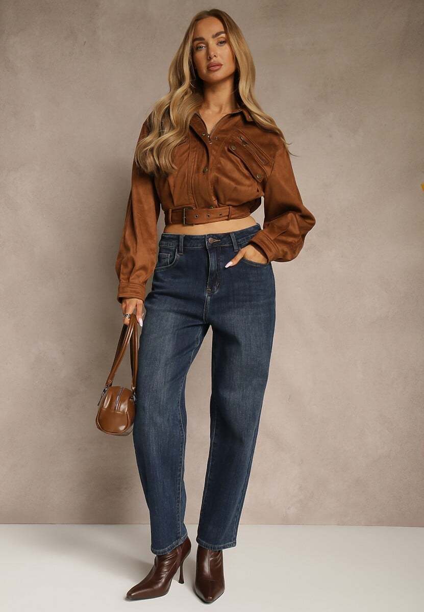 Granatowe Jeansy Mom Fit High Waist z Wiskozą Erralia