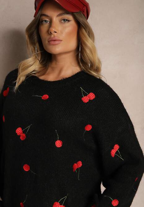 Czarny Sweter w Wisienki z Dodatkiem Wełny Eltintia