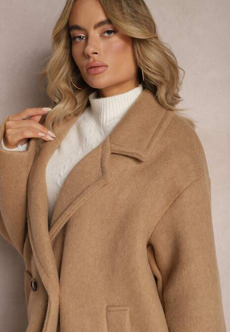 Brązowy  Dwurzędowy Płaszcz Oversize z Wełną Spolete