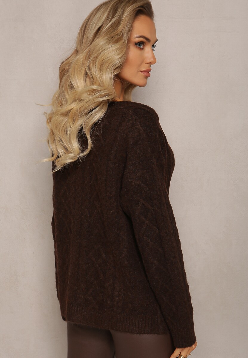 Ciemnobrązowy Zapinany Kardigan z Trójkątnym Dekoltem i Warkoczykowy Splot Juessa