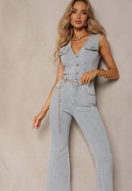 Jasnoniebieski Taliowany Jeansowy Kombinezon z Bawełny z Dzwonami z Guzikami i Imitacją Kieszeni Abnelia