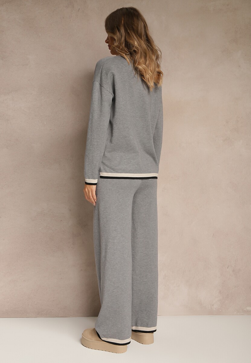 Szary Komplet Dzianinowy Sweter i Spodnie Wide Leg z Ozdobną Lamówką Ralenia