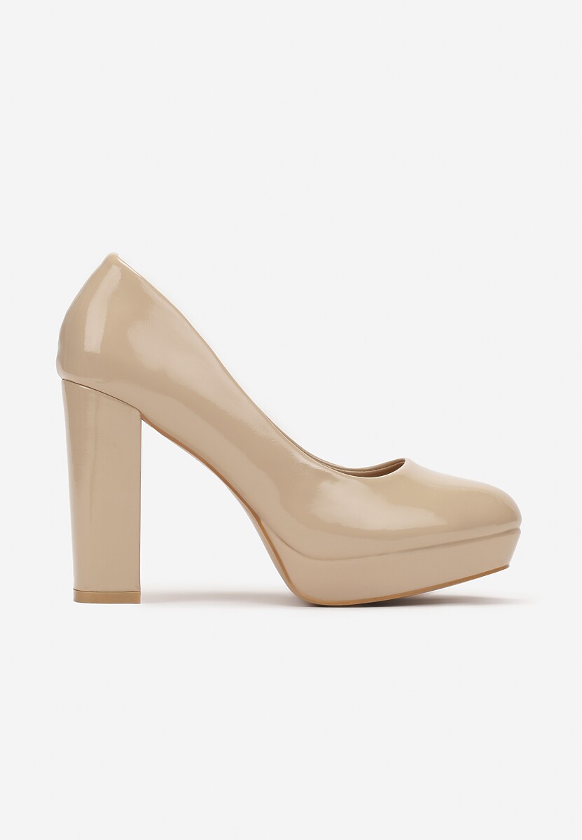 Beżowe Czółenka na Słupku i Platformie z Lakierowanej Ekoskóry Glimexa