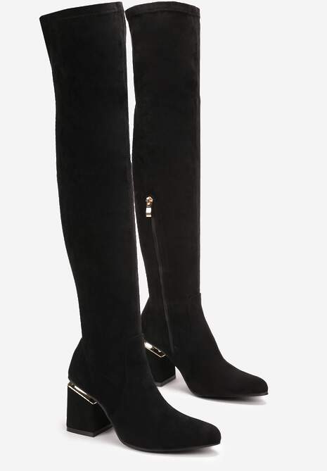 Czarne Kozaki z Imitacji Zamszu za Kolano na Słupku Umena