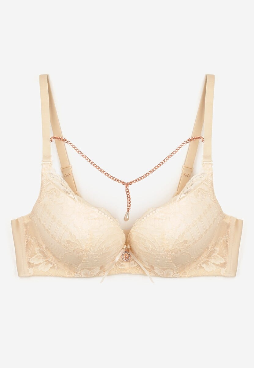 Beżowy Biustonosz Push Up Ozdobiony Łańcuszkiem z Kryształkiem Brinanna