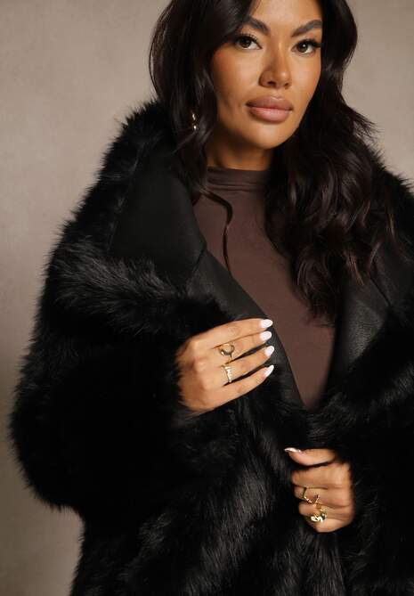 Czarny Dwurzędowy Płaszcz Futerko o Dwustronnym Kroju z Kołnierzem Nalaneva