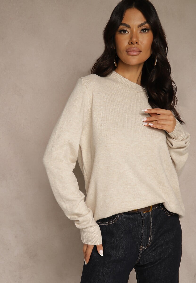 Beżowy Klasyczny Sweter z Wełną i Bawełną Bez Zdobień Neandia