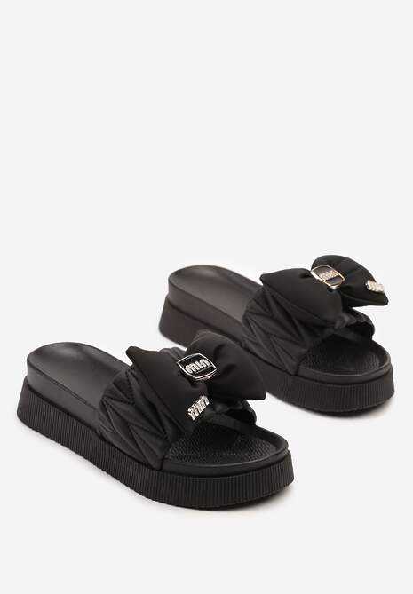Czarne Klapki na Niskiej Platformie z Ozdobną Kokardą Ulosavia